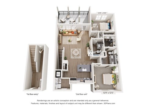 Floor plan for 2 beds, 2 baths, 1375 sqft